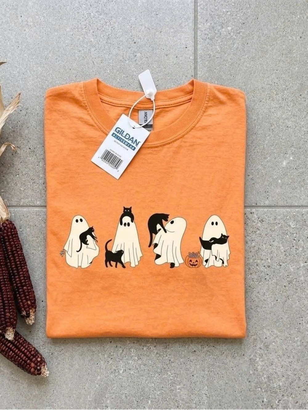 Cute Ghost Black Cat Halloween Shirt | Spooky Fall Orange Graphic Tee